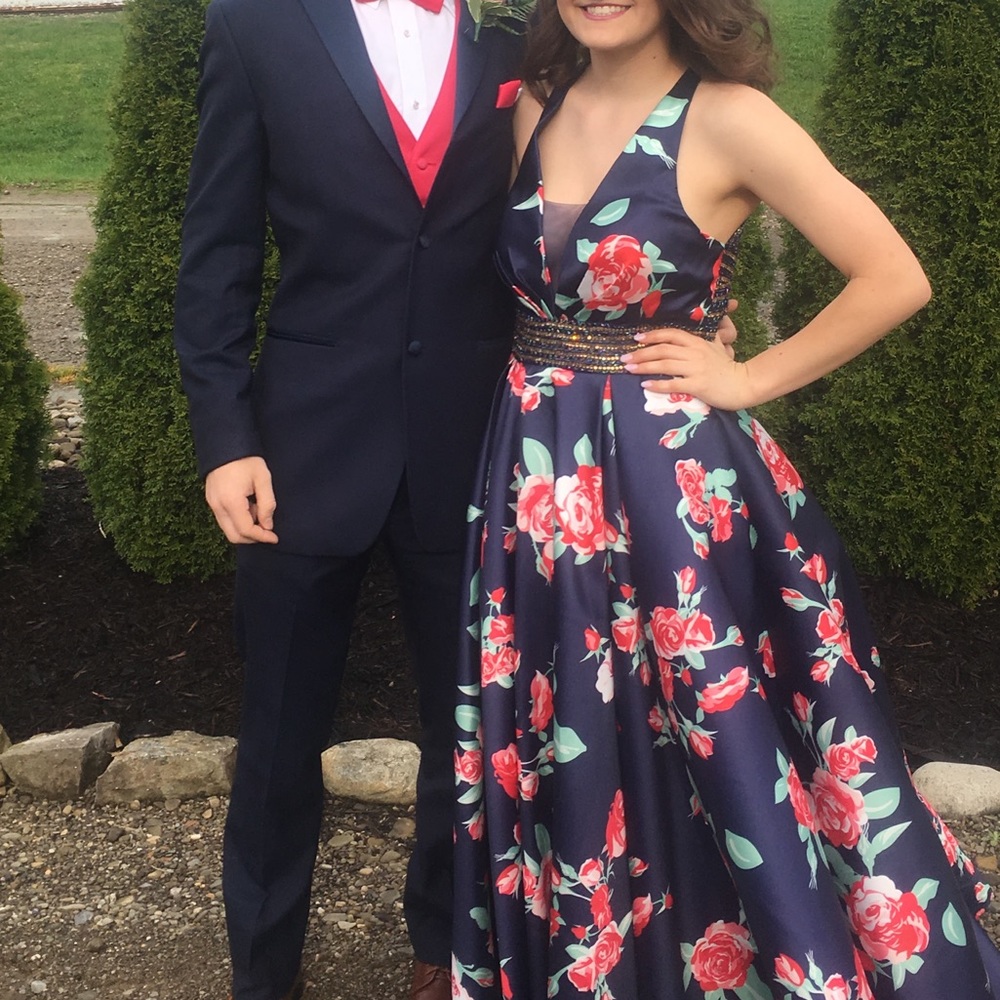 Navy Blue Floral Prom Dress